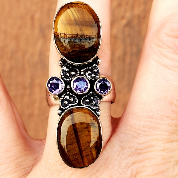 New Stunning Oversized Tiger Eye and Amethyst 925 Silver Statement Ring. - Picture 5 of 16